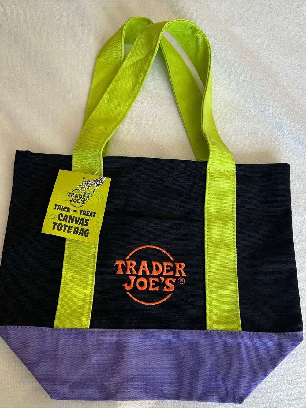 Trader Joe's Black Canvas Tote with Lime Handles and Purple Base